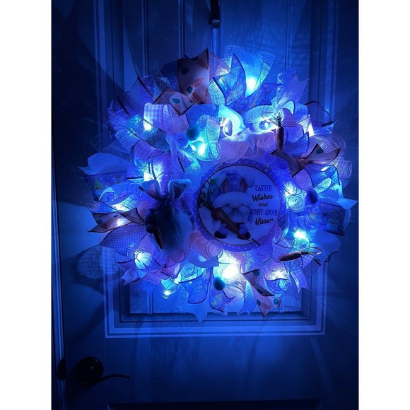 Handmade Easter Bunny Gnome Kisses Prelit Ribbon Wreath 22 in LED W13 - Picture 10 of 11